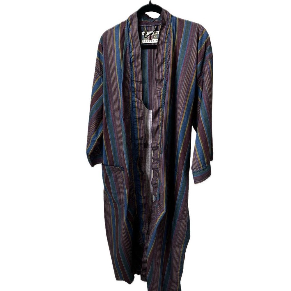 VINTAGE Striped Cotton Kimono Jacket Full Length Duster Summer-One Size, unisex